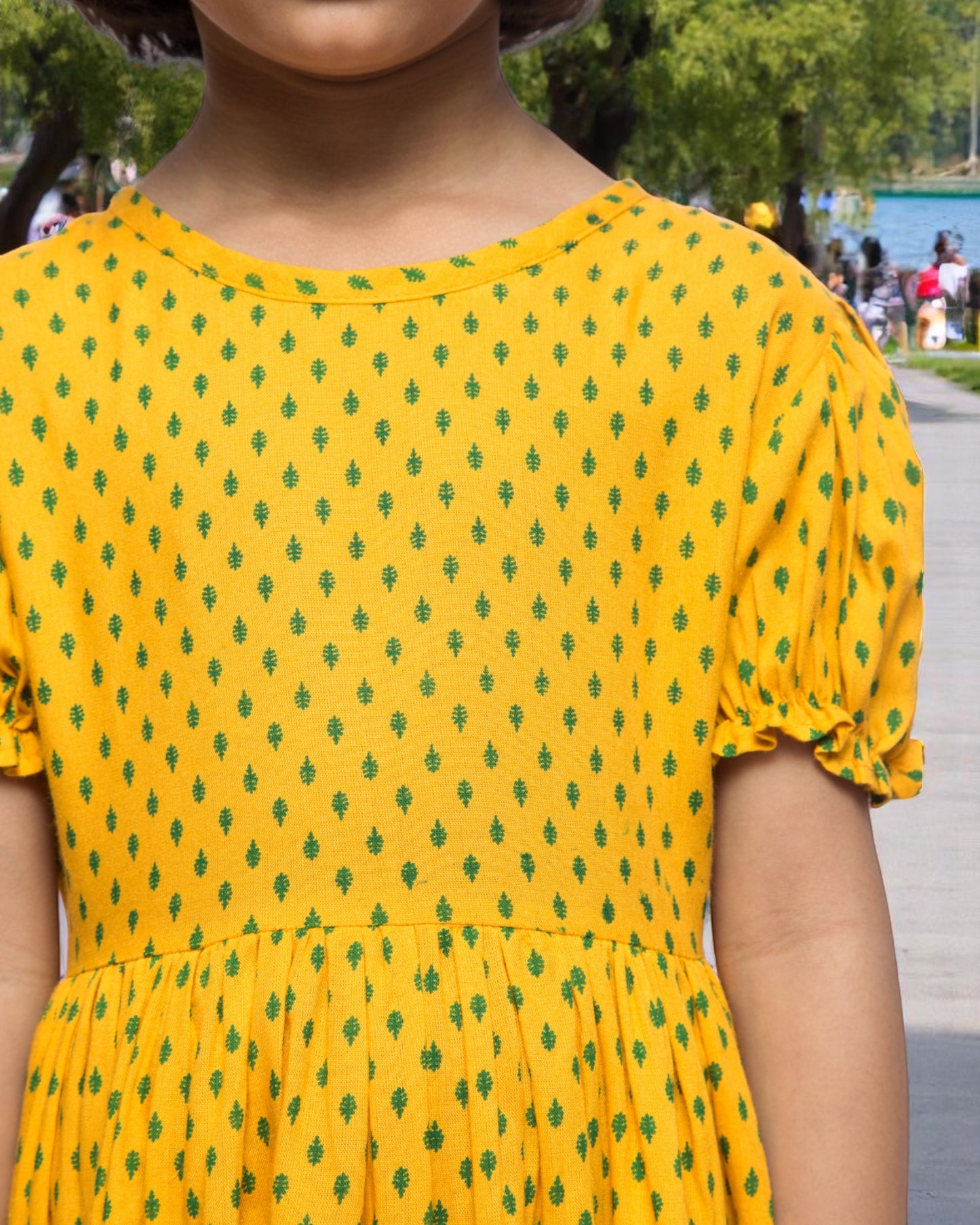Breezy Elegance: Printed Rayon Frock with Elasticated Sleeves