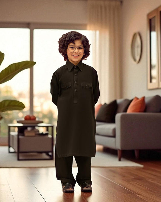 Classic Black Cotton Satin Pathani Suit – Timeless Elegance for Boys