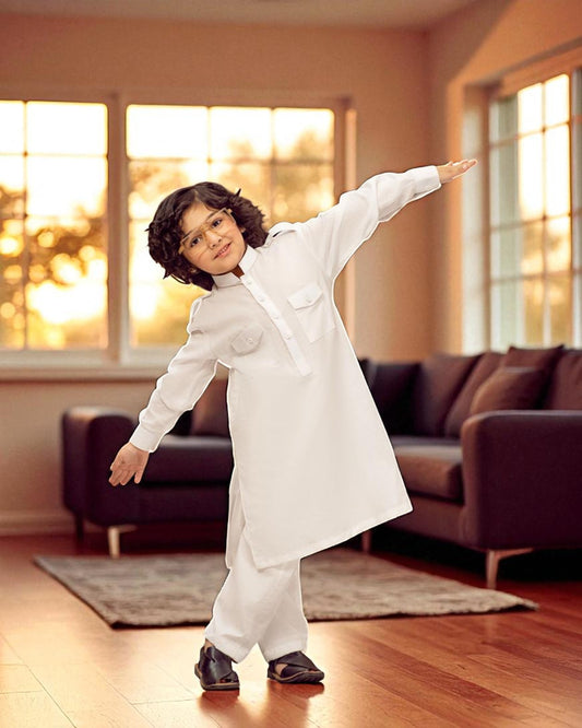 White Cotton Satin Pathani for Kids – Classic Khan Dress by Tito Patito