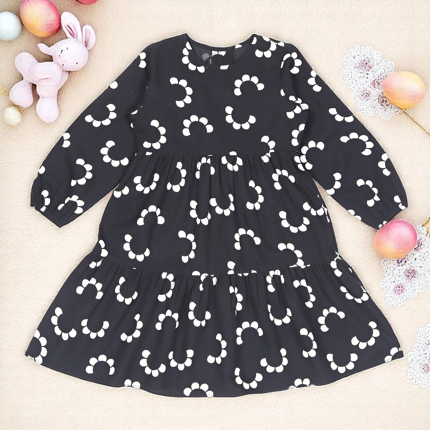 Multi-Layered Girls' Frock in Crepe Fabric with Keyhole Neck
