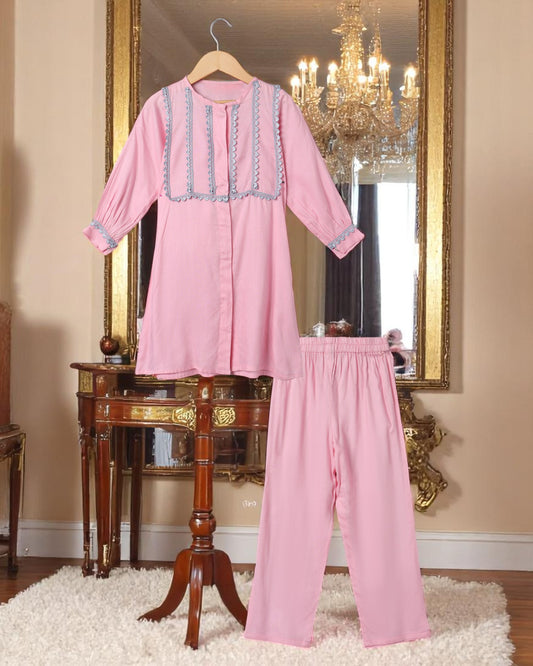 Elegant Two Piece Suit for Girls with Lace Work, Front Open Kurti & Pajama