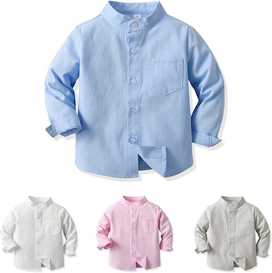 Luxury Boys Blue Chambray Cotton Shirt – Mandarin Collar Kidswear India