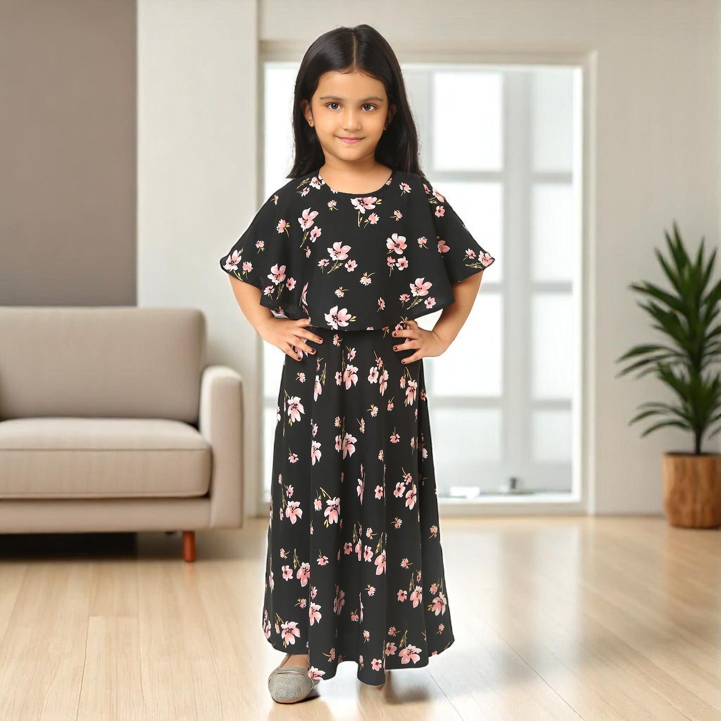 Elegant Multi-Layered Long Dress for Girls In Crepe Fabric