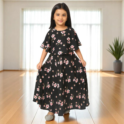 Elegant Multi-Layered Long Dress for Girls In Crepe Fabric