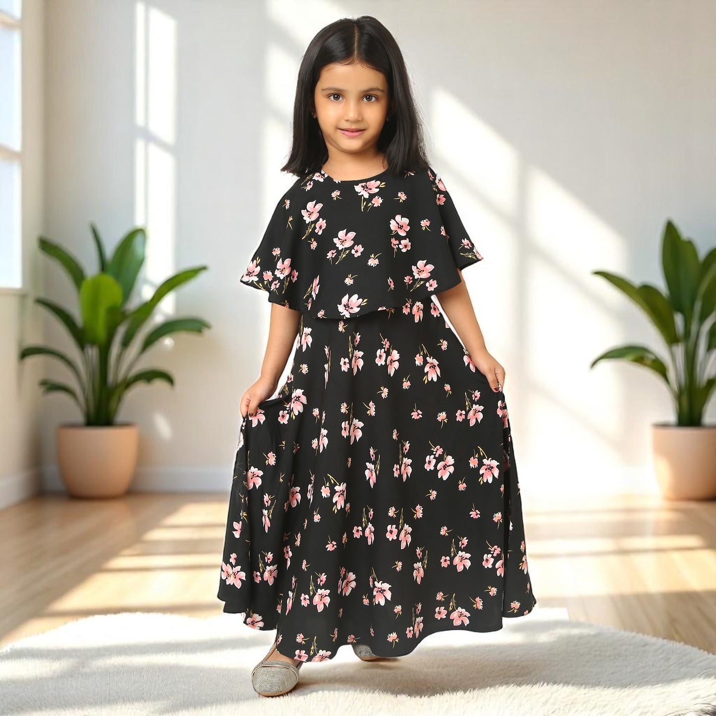 Elegant Multi-Layered Long Dress for Girls In Crepe Fabric