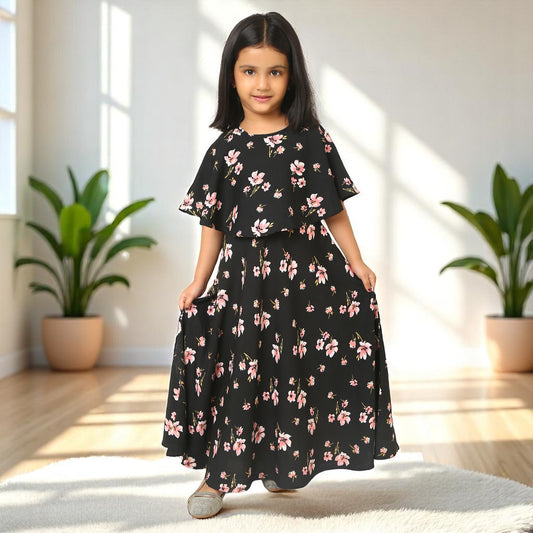 Elegant Multi-Layered Long Dress for Girls In Crepe Fabric