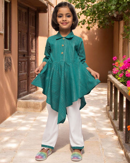 Asymmetrical Top With White Pajama- 2 pcs Set